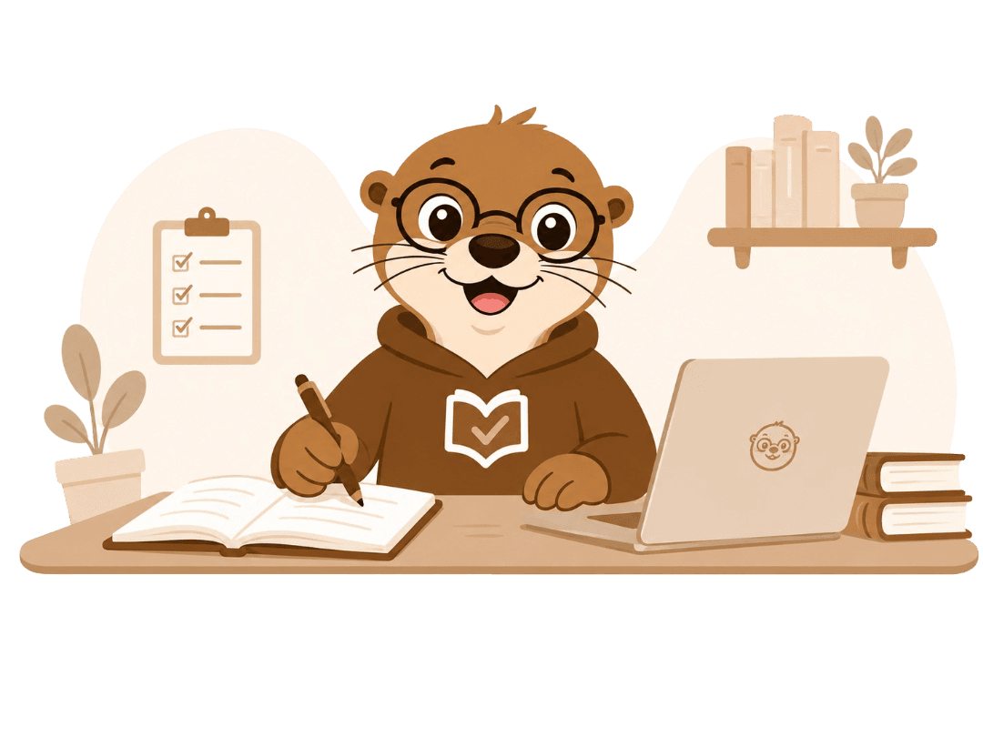 Reviseo otter mascot studying with books and a laptop